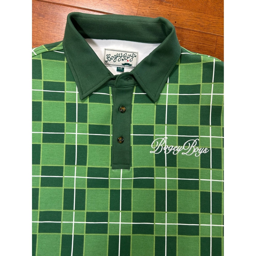Bogey Boys Polo Shirt Mens Large Green Plaid Script Logo Golf Short Sleeve